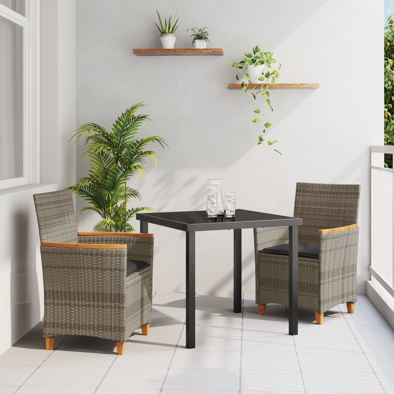 Conjunto de Comedor de Jardín  de 3 Piezas con Cojines Gris Poliratán V0138 Vetonek