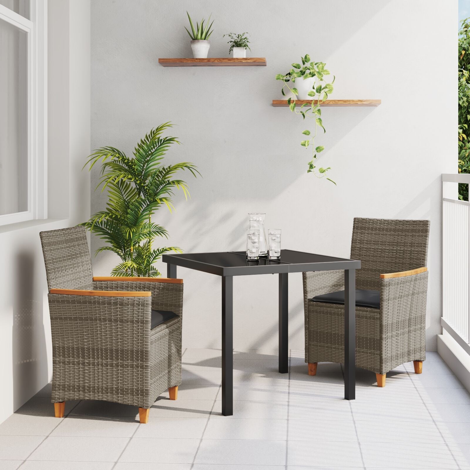 Conjunto de Comedor de Jardín  de 3 Piezas con Cojines Gris Poliratán V0138 Vetonek