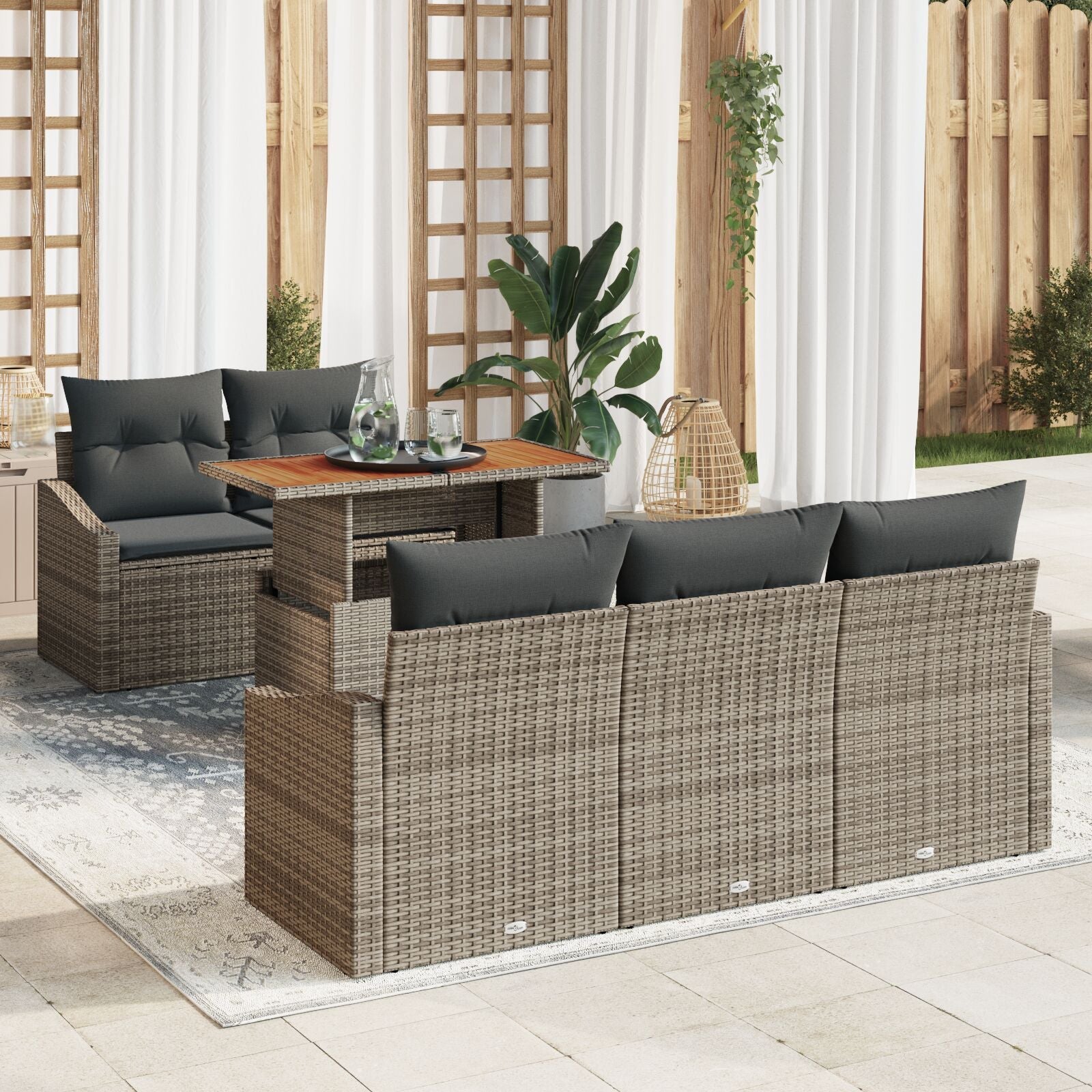Conjunto de Comedor de Jardín de 6 Piezas con Cojines Gris Poliratán Acacia V8897 Vetonek