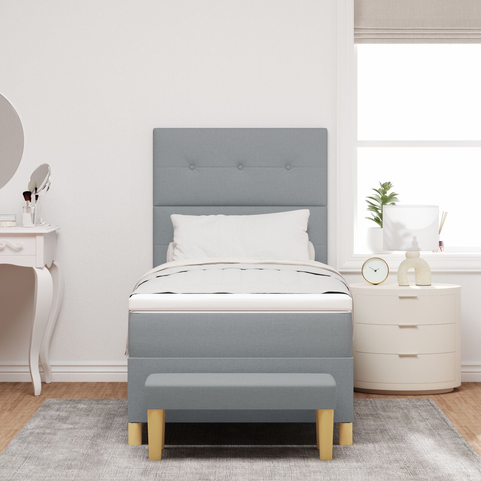 Box spring bed with mattress and light gray bench 90x190 cm fabric V3087 Vetonek