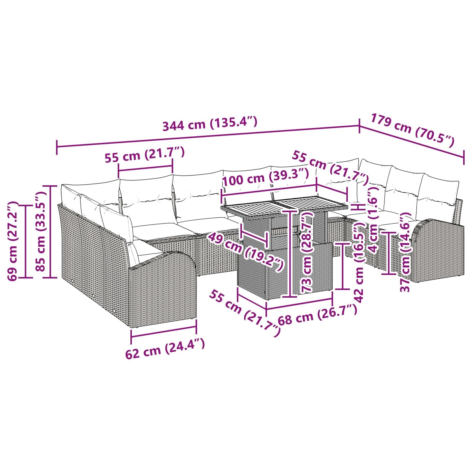 Conjunto de Comedor de Jardín de 11 Piezas con Cojines Ratán Poliéster Negro Acacia V7487 Vetonek