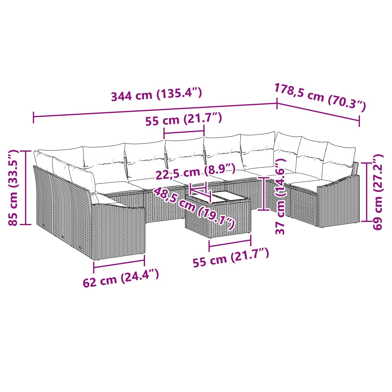 Juego de Sofá de Jardín de 11 Piezas con Cojines de Ratán de Polietileno Beige V4991 Vetonek