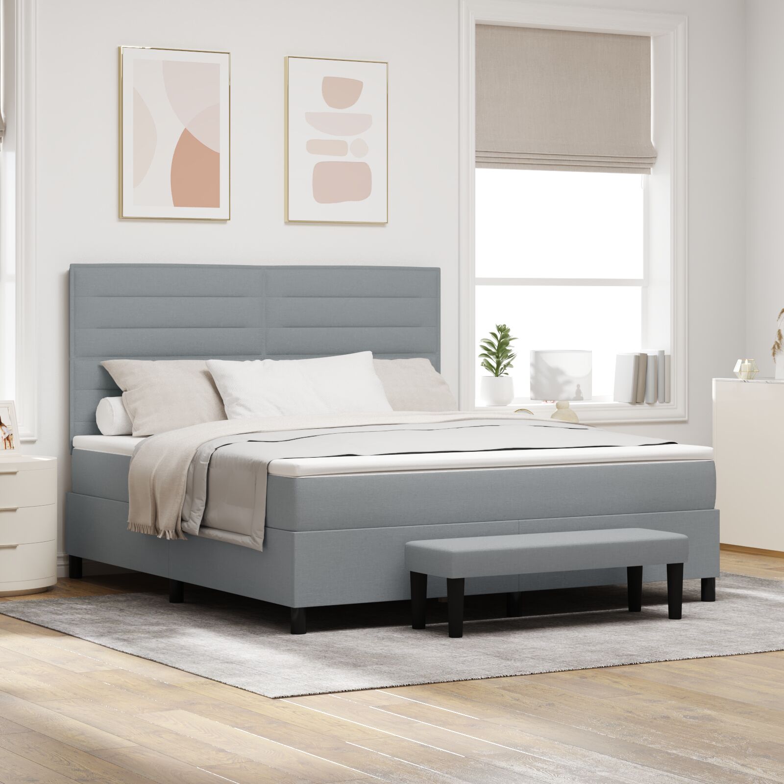 Spring bed with mattress and light gray bench 180x200 cm fabric V0567 Vetonek