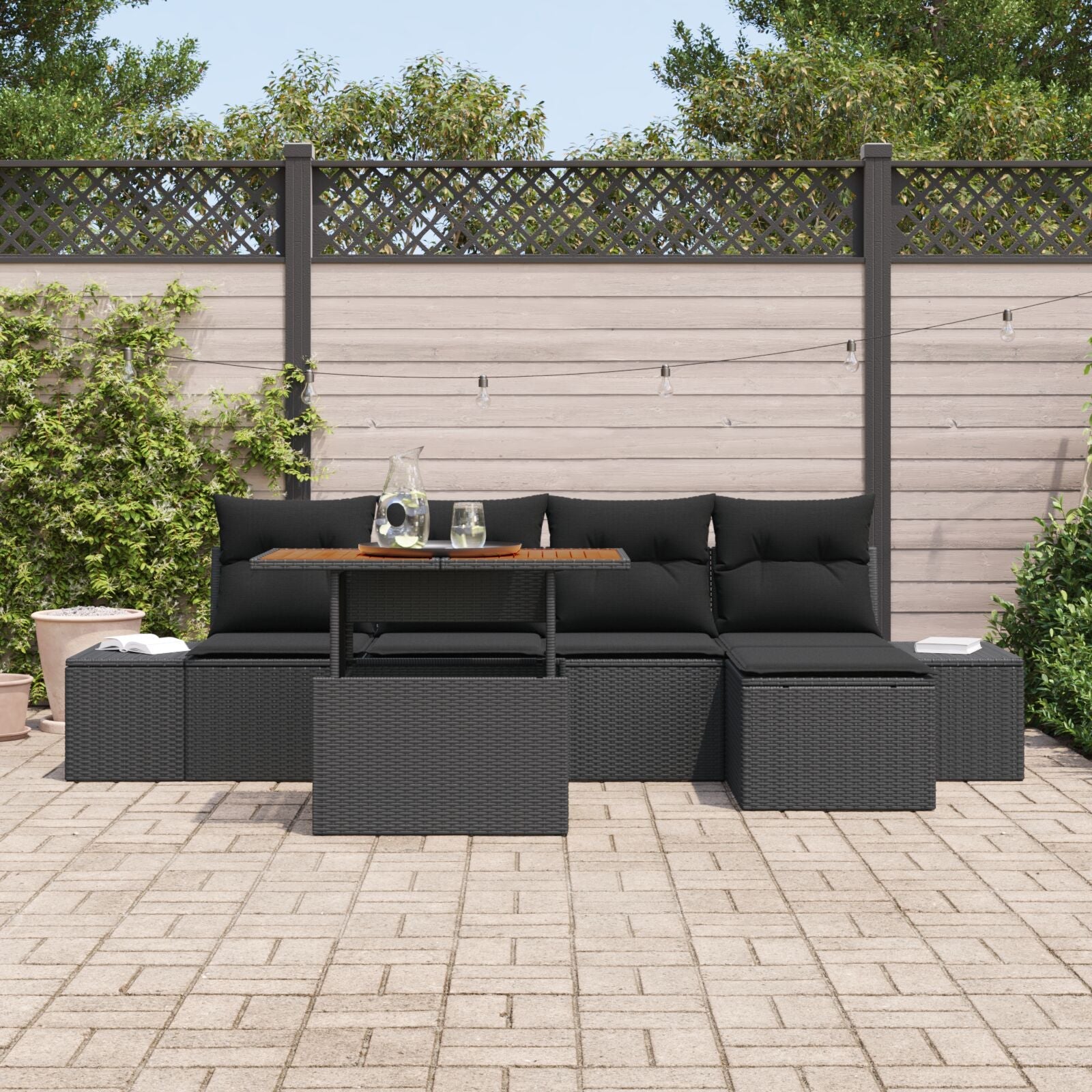 6-Piece Garden Dining Set with Cushions Black Polyrattan Acacia V0676 Vetonek