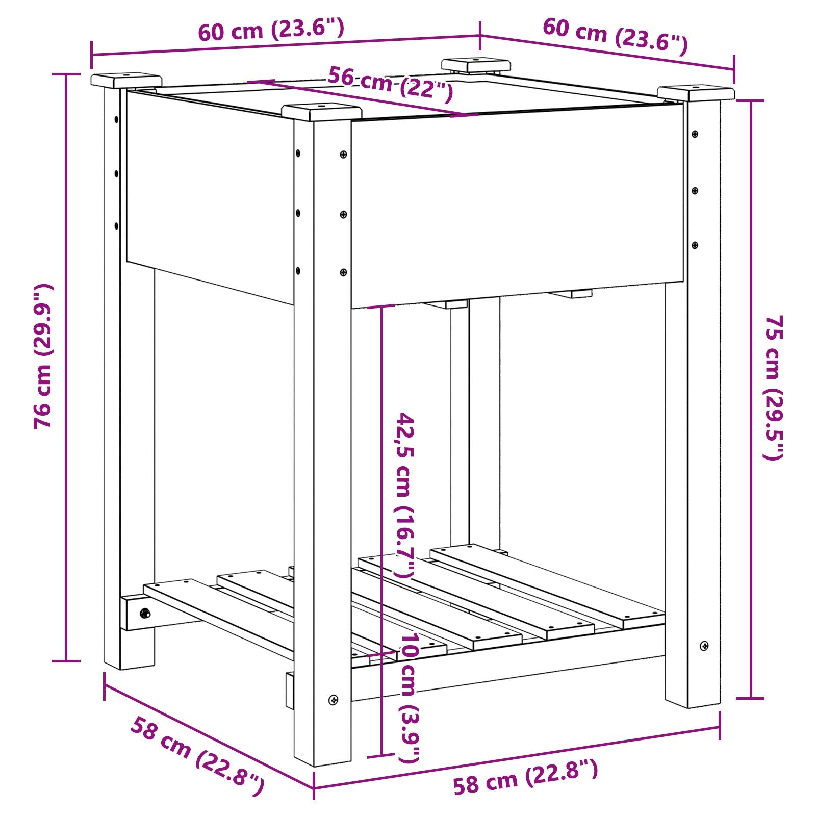 jardinera con estante 60x60x76 cm de madera maciza de abeto V0654 Vetonek