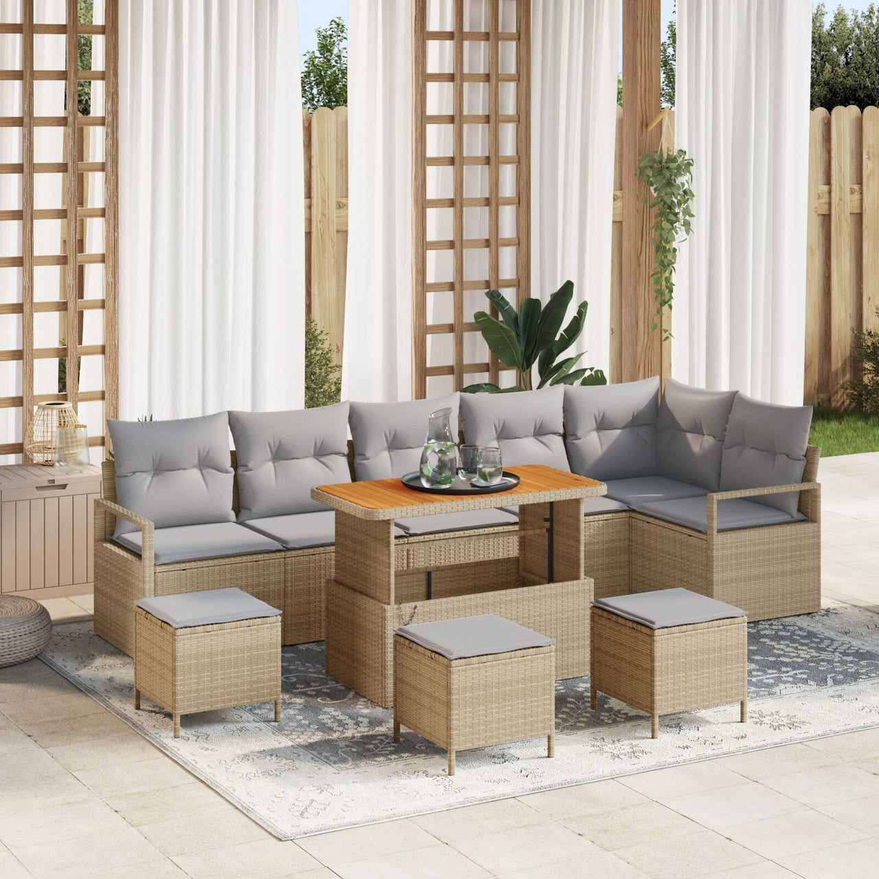 10-Piece Garden Sofa Set with Acacia Polyrattan Beige Cushions, 2-Seater Garden Sofa with Storage and Beige Polyrattan Cushions, 4-Piece Garden Dining Set with Acacia Polyrattan Beige Cushions V6213 Vetonek