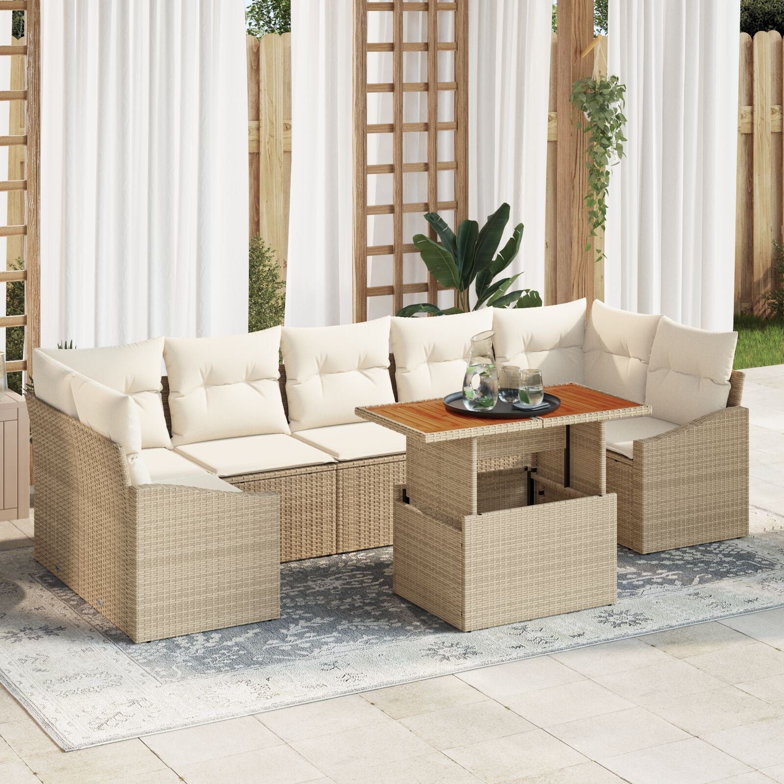 8-Piece Garden Dining Set with Beige Acacia Polyester Rattan Cushions V9191 Vetonek