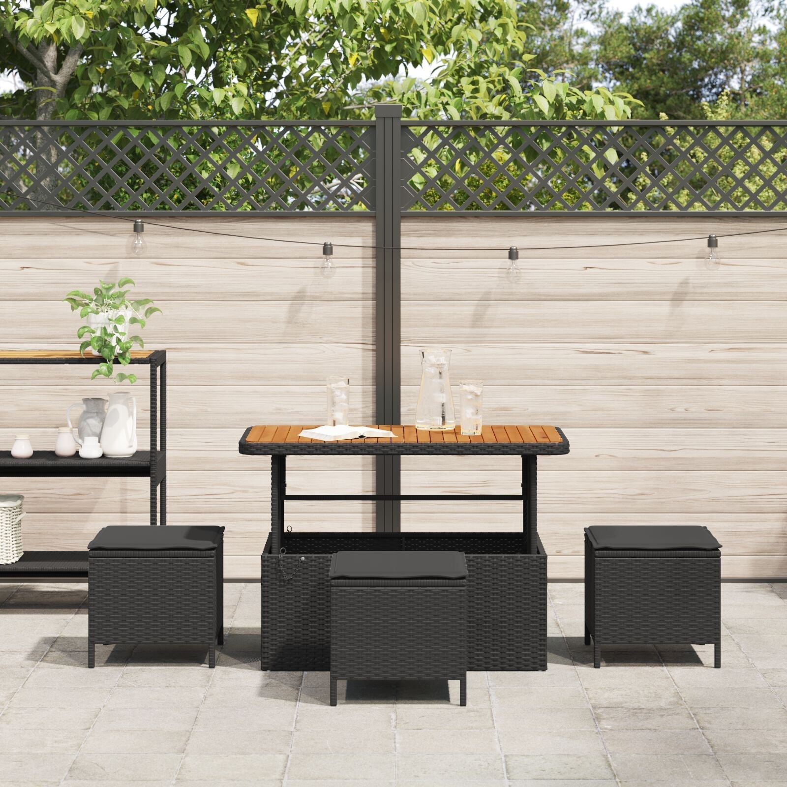 4-Piece Garden Dining Set with Black Polyrattan and Acacia Cushions V0230 Vetonek