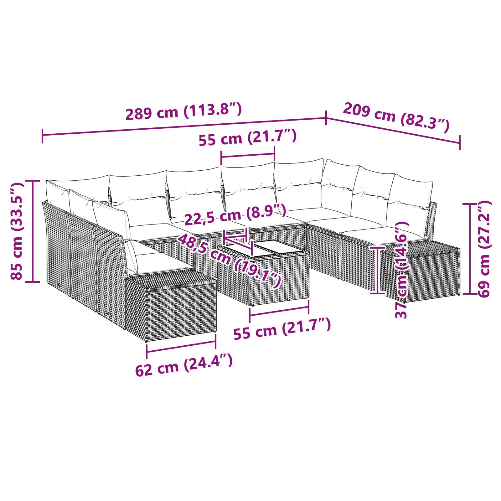 Conjunto de sofá de jardín  de 9 piezas con cojines marrón poliratán V8135 Vetonek