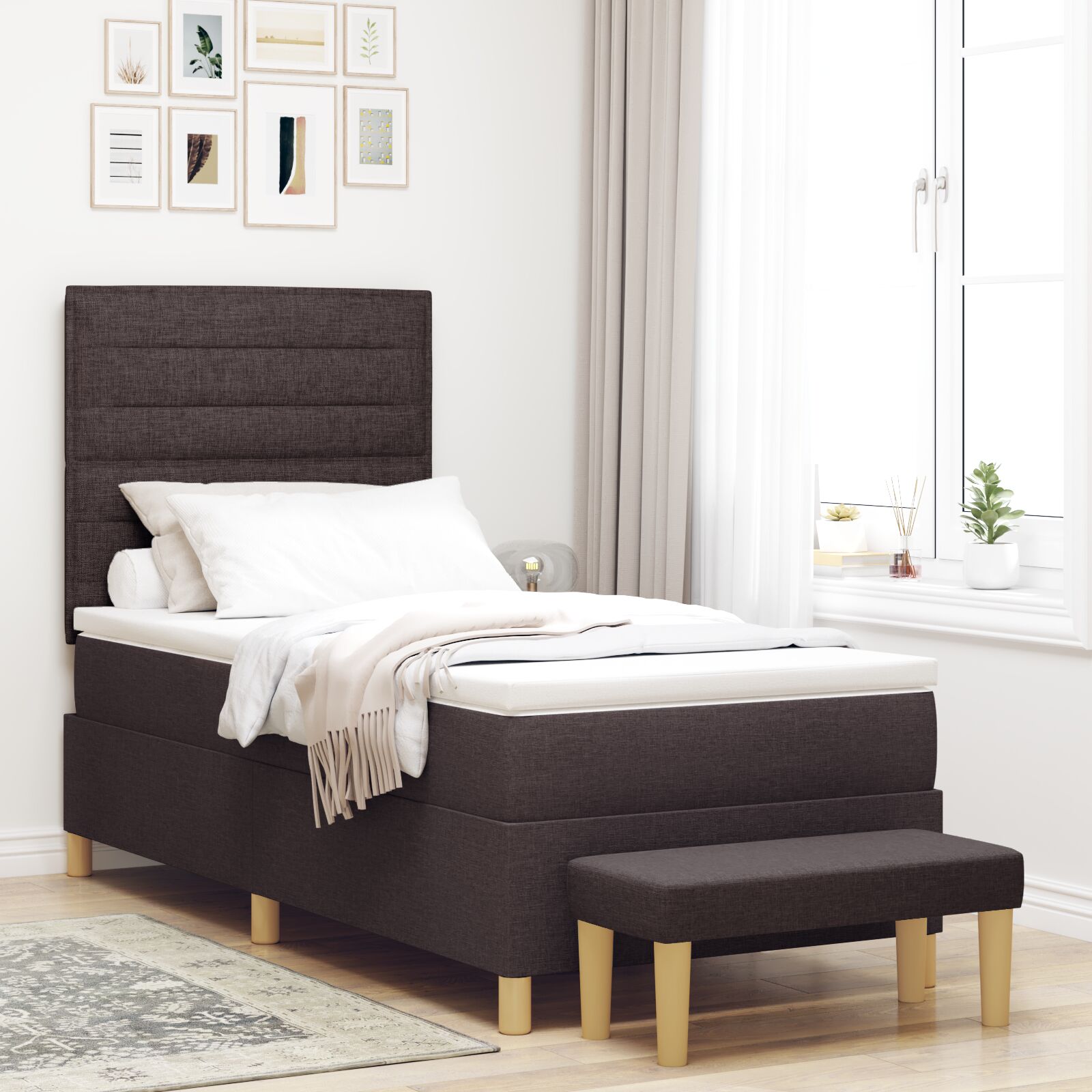Bed with Slatted Base with Mattress and Bench Dark Brown 80x200 cm Fabric V2271 Vetonek
