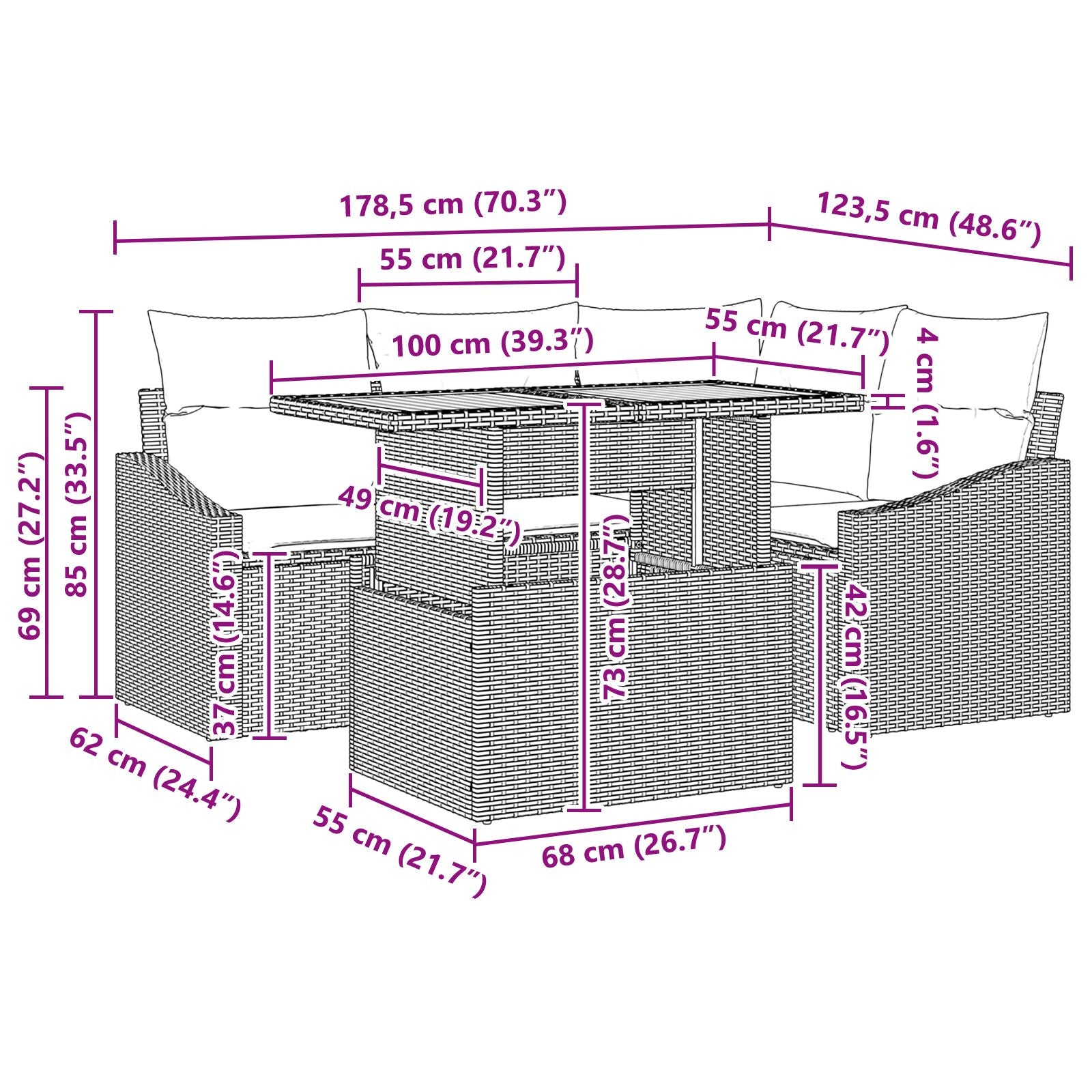 Conjunto de Comedor de Jardín de 5 Piezas con Cojines de Poliratán Negro de Acacia V9481 Vetonek