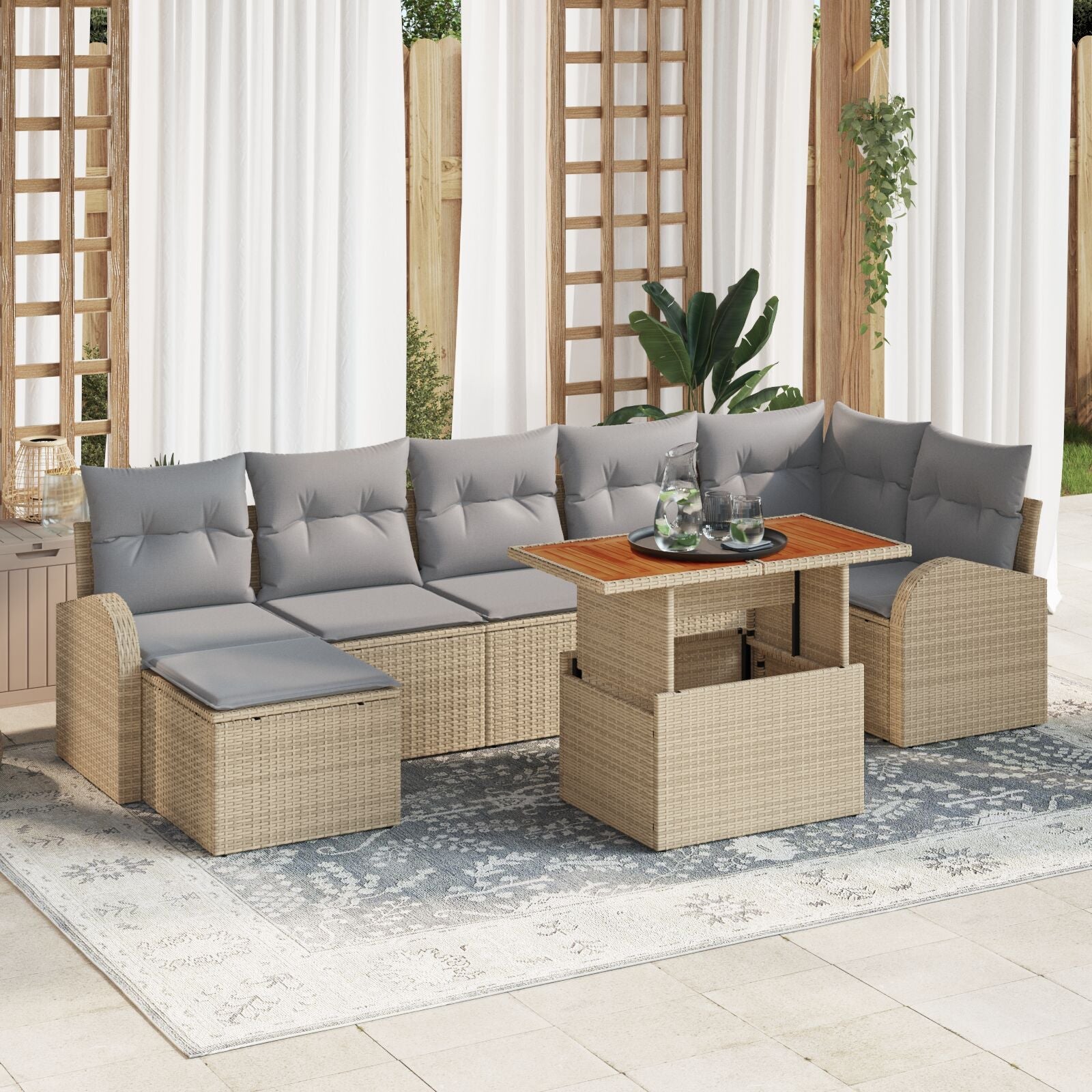 8-Piece Garden Dining Set with Beige Cushions Polyacacia Rattan V7296 Vetonek