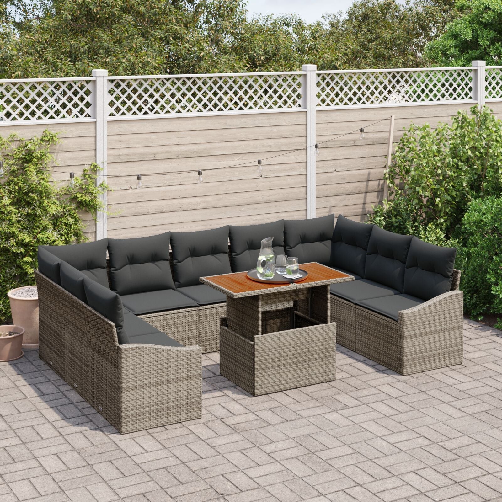 10 Piece Garden Dining Set with Gray Cushions Acacia Synthetic Rattan V9948 Vetonek