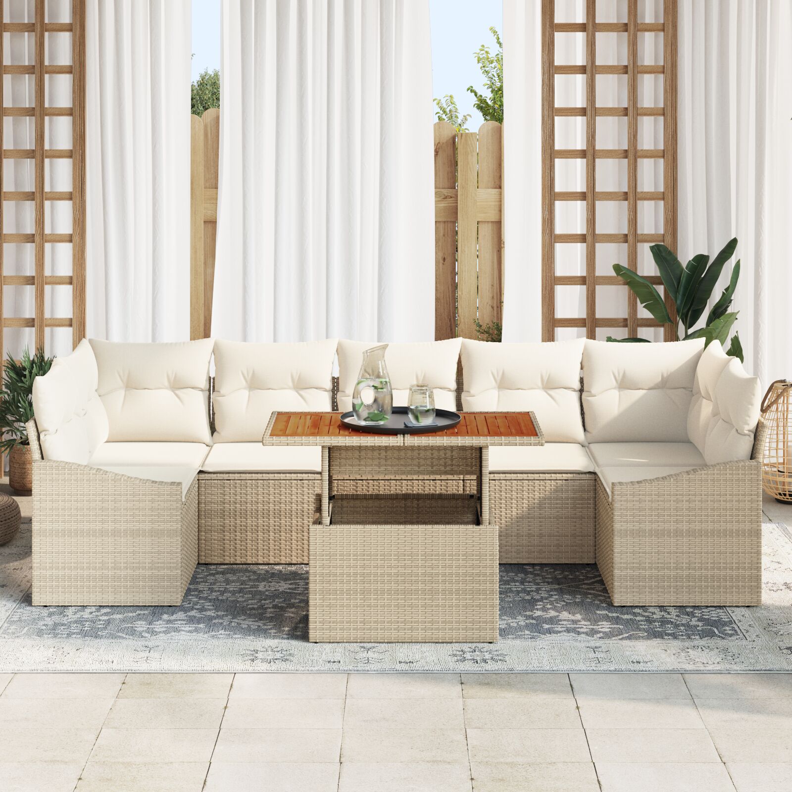8-Piece Garden Dining Set with Beige Acacia Polyester Rattan Cushions V9191 Vetonek