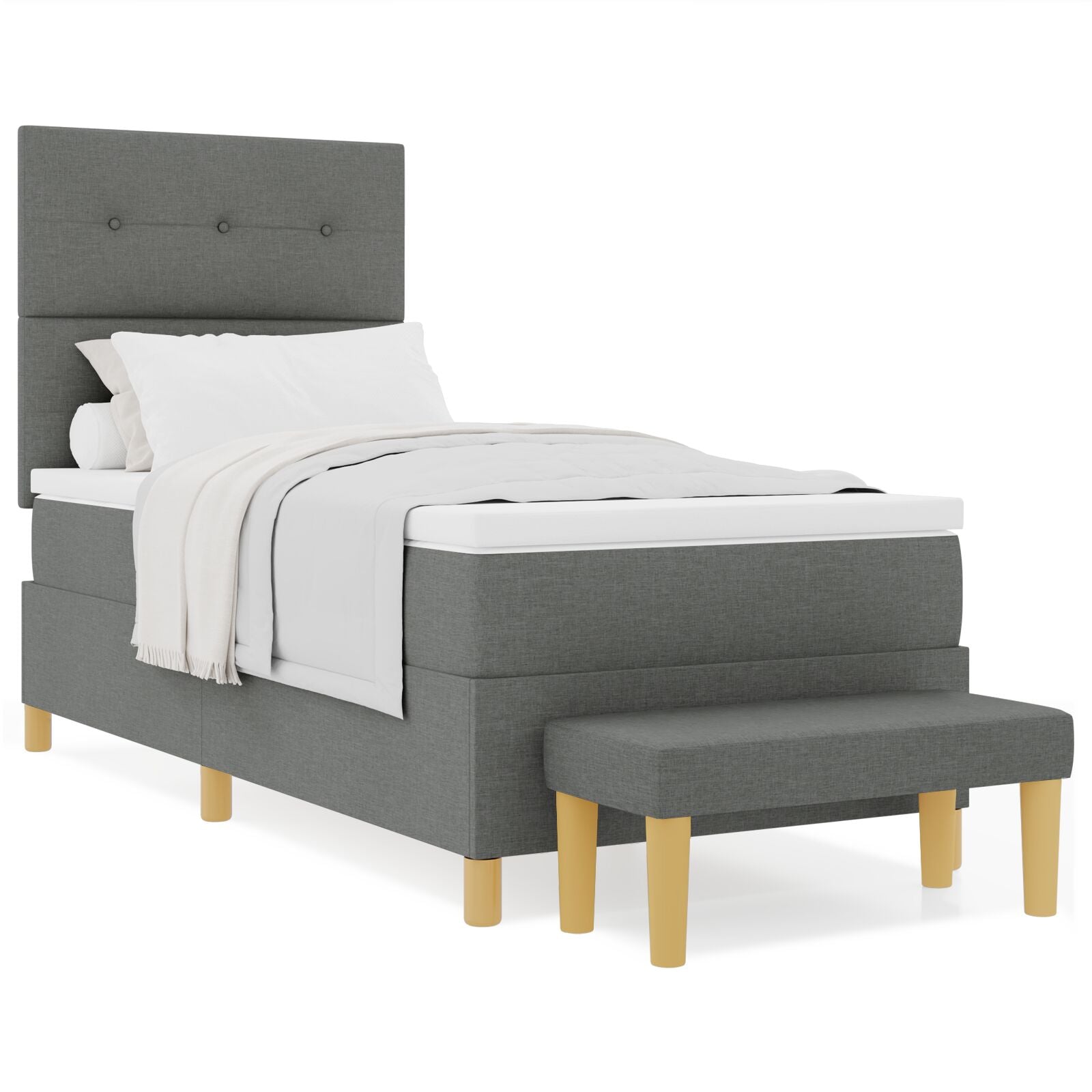 Bed with slatted base and mattress and dark gray bench 90x190 cm in fabric V3094 Vetonek