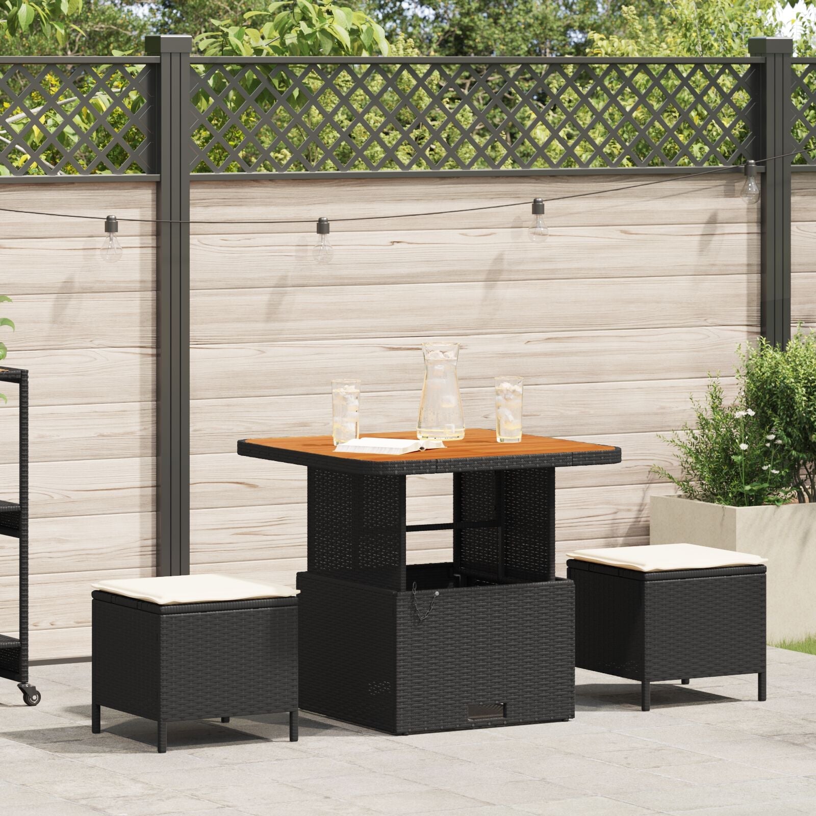 Conjunto de Comedor de Jardín de 3 Piezas con Cojines VidaXL Ratán Poliéster Acacia Negro V0148 Vetonek