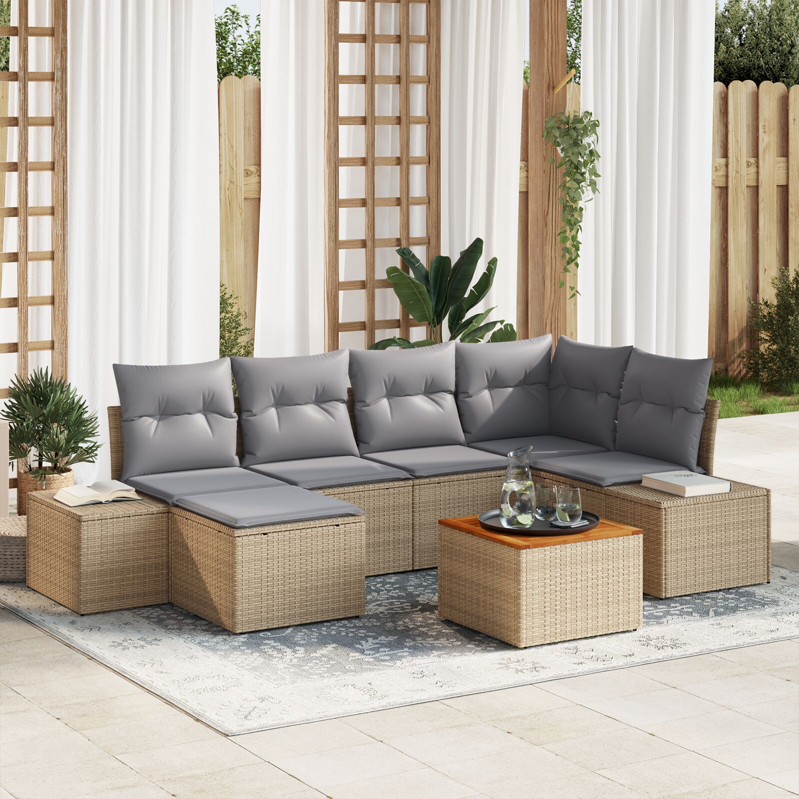 Conjunto de sofá de jardim de 7 peças com almofadas bege Polyrattan Acacia V0946 Vetonek