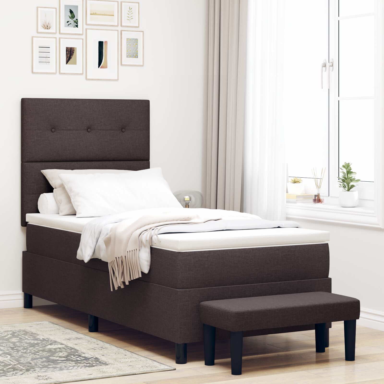 Bed with Box Spring and Bench Dark Brown 90x190 cm Fabric V0802 Vetonek