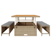 Conjunto de Comedor de Jardín de 3 Piezas con Cojines Beige de Ratán Polímero y Acacia V0117 Vetonek