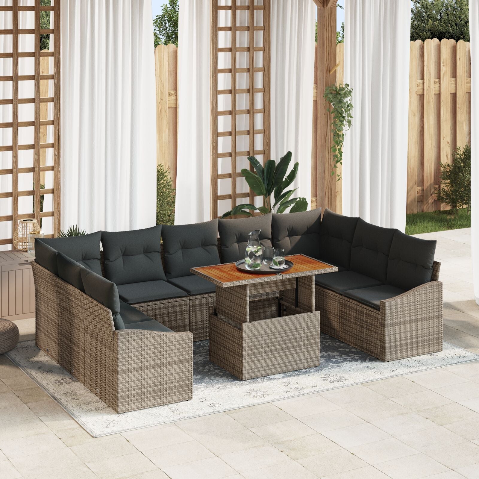 10 Piece Garden Dining Set with Gray Cushions Acacia Synthetic Rattan V9948 Vetonek