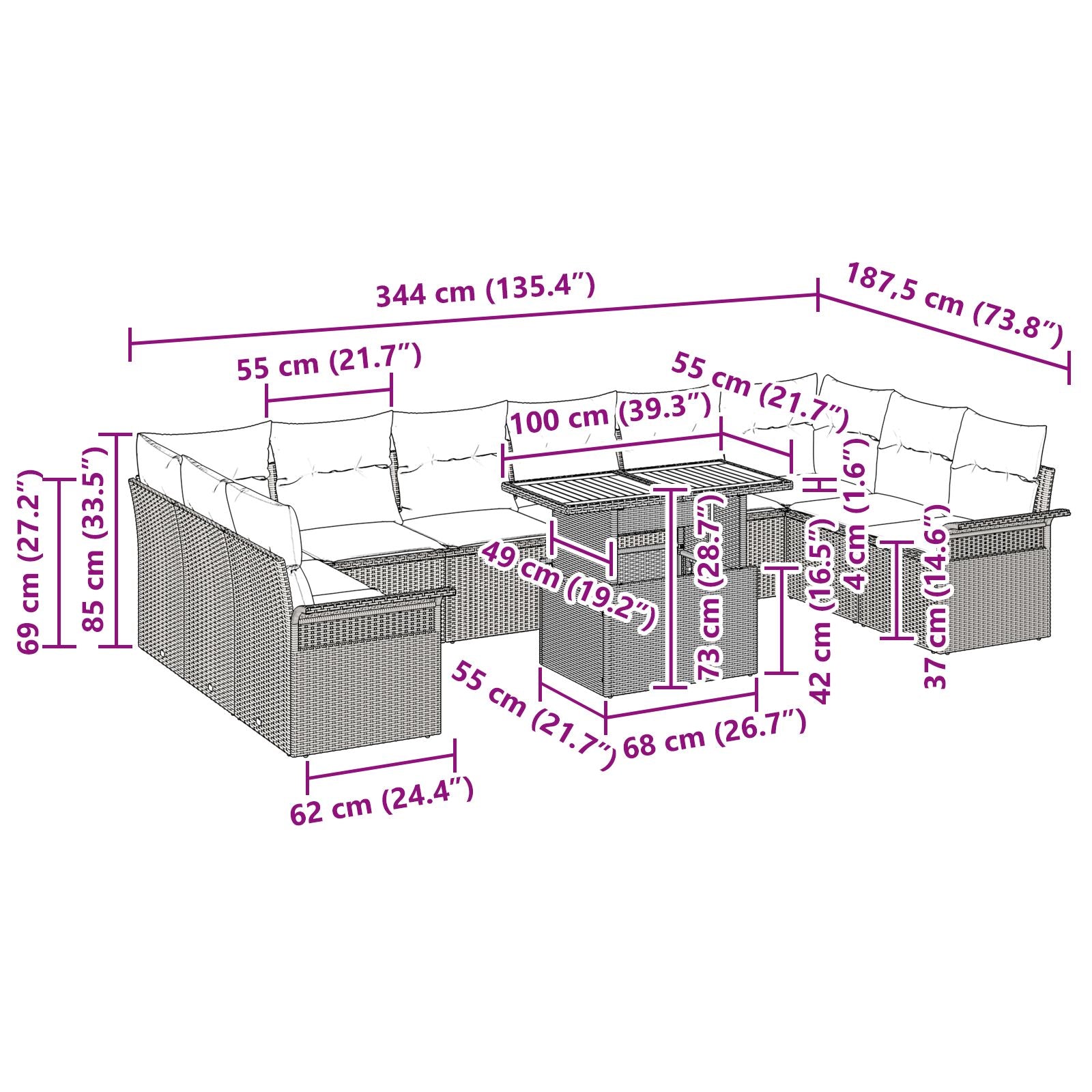 Conjunto de Comedor de Jardín de 11 Piezas con Cojines Mimbre Negro Poliratán Acacia V4967 Vetonek
