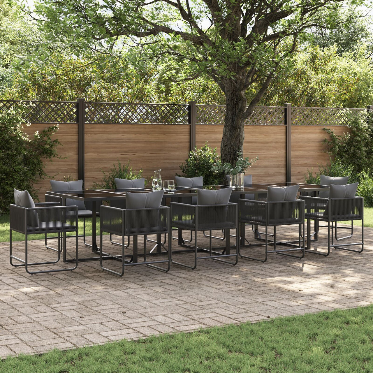 Set da pranzo da giardino 13 pezzi con cuscini in acciaio e rattan sintetico V1705 Vetonek