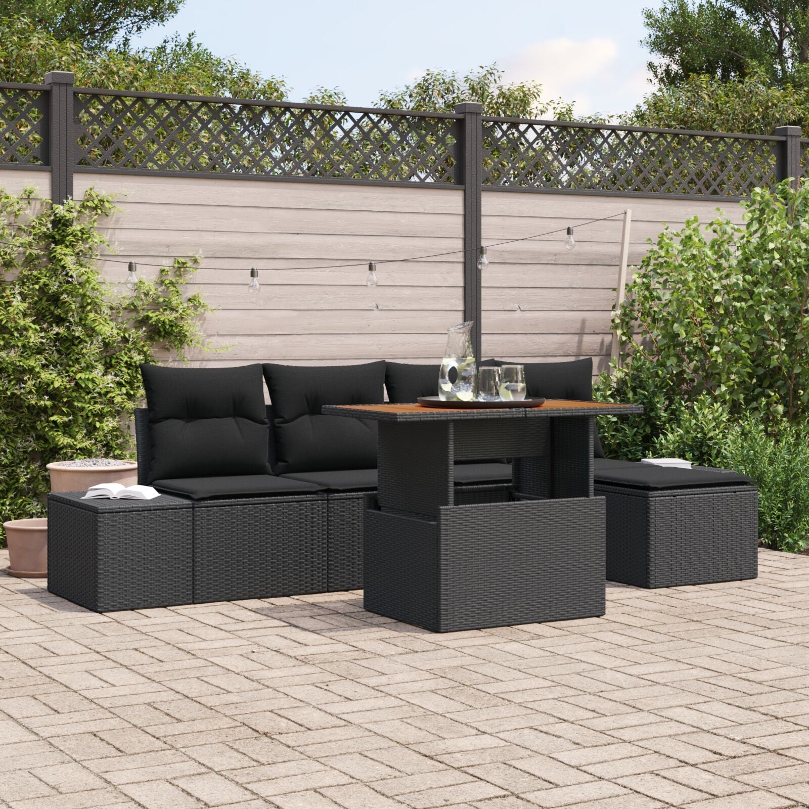 6-Piece Garden Dining Set with Cushions Black Polyrattan Acacia V0676 Vetonek