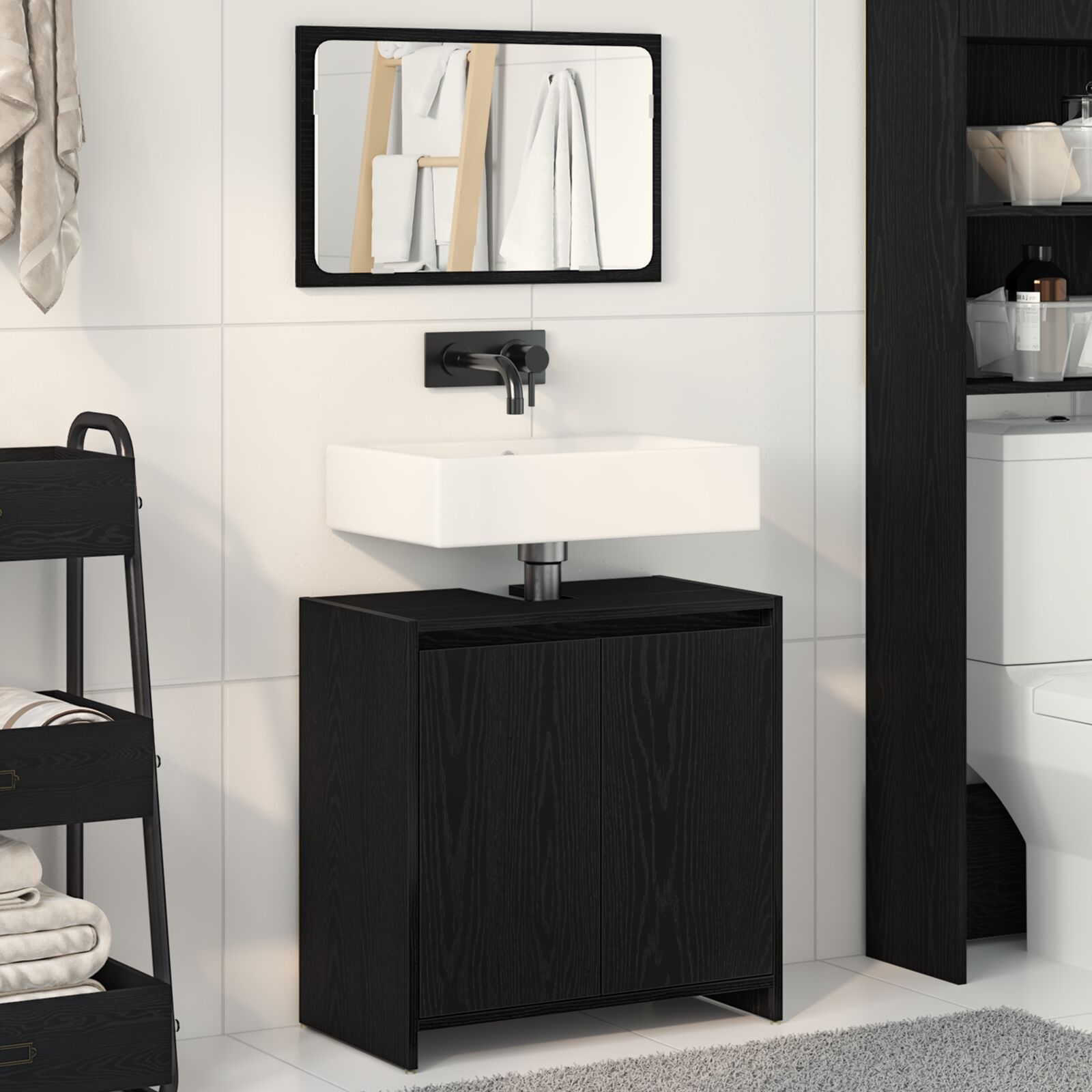 Armario de baño con espejo de madera de roble negro 60x33x61 cm de madera de ingeniería V9107 Vetonek