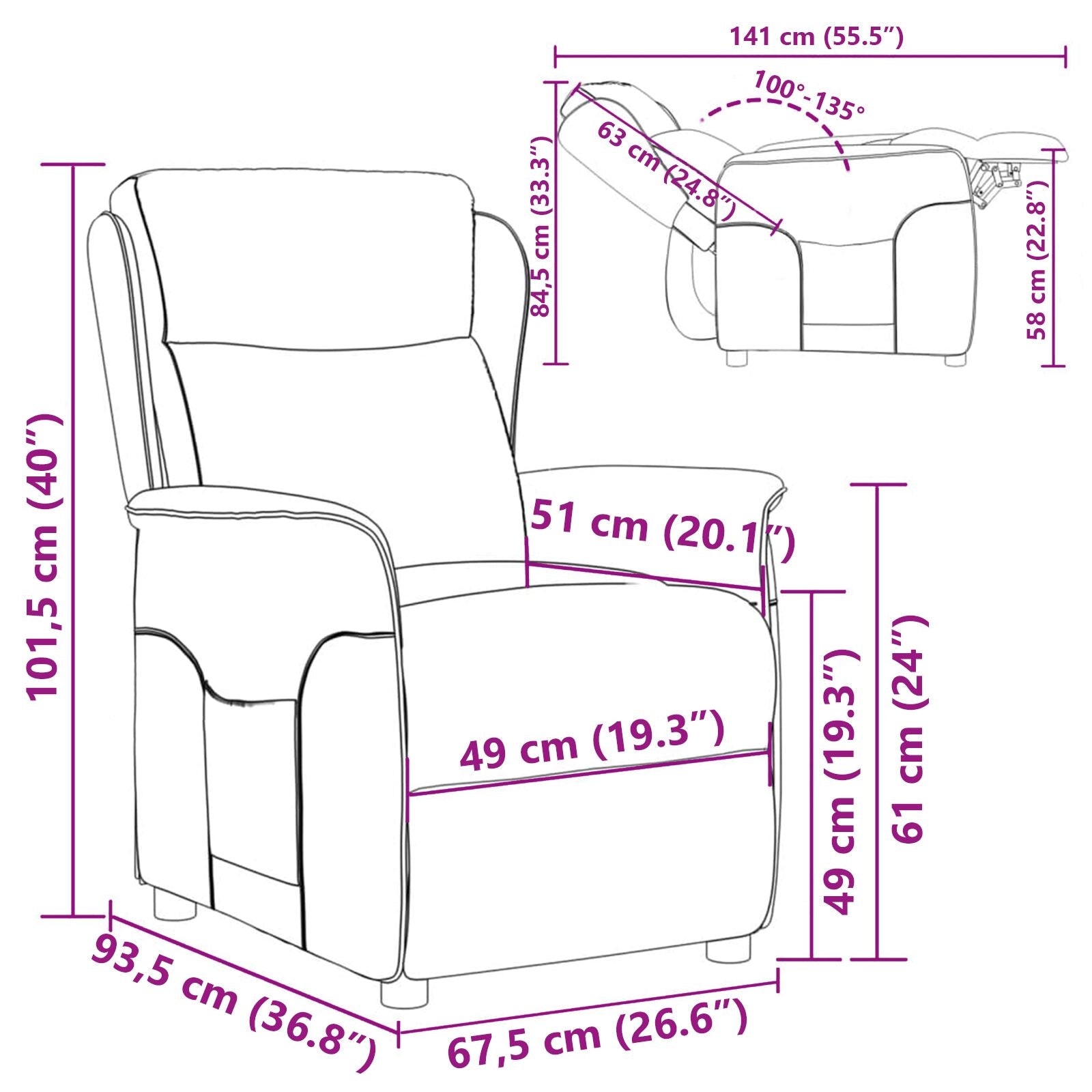 Brown Recliner 67.5x93.5x101.5 cm Fabric V2008 Vetonek