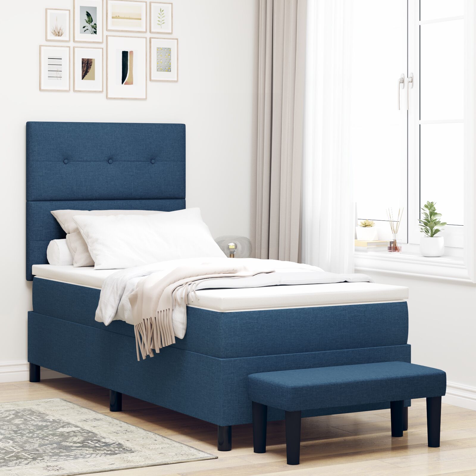 Box Spring Bed with Mattress and Blue Bench 80x200 cm Fabric V0765 Vetonek