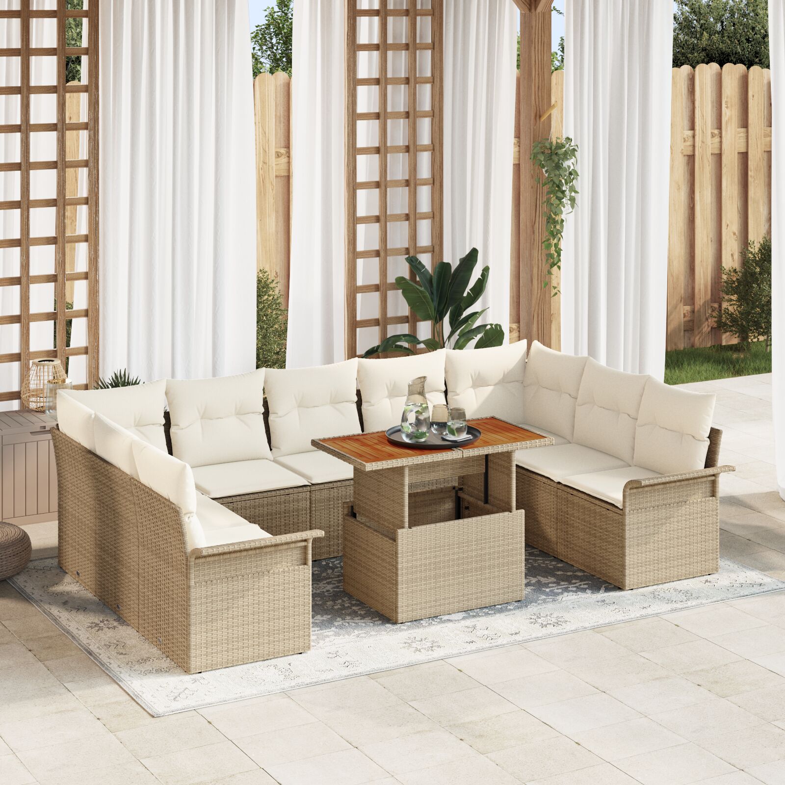 10-Piece Garden Dining Set with Cushions Beige Rattan Polyester V4929 Vetonek