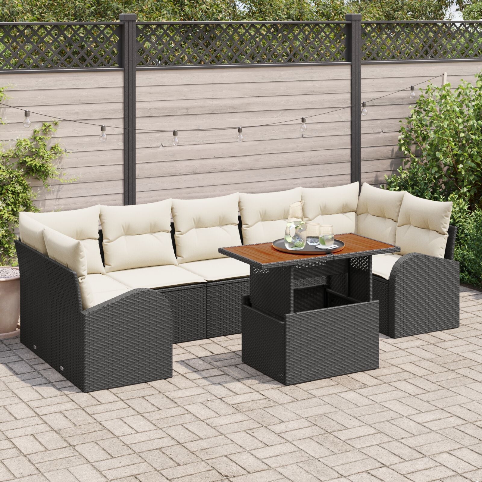 8-Piece Garden Dining Set with Black Cushions in Rattan Polypropylene Acacia V6640 Vetonek