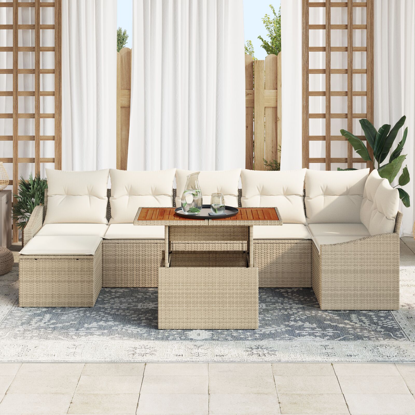 8-Piece Garden Dining Set with Cushions Beige Rattan Acacia V9825 Vetonek