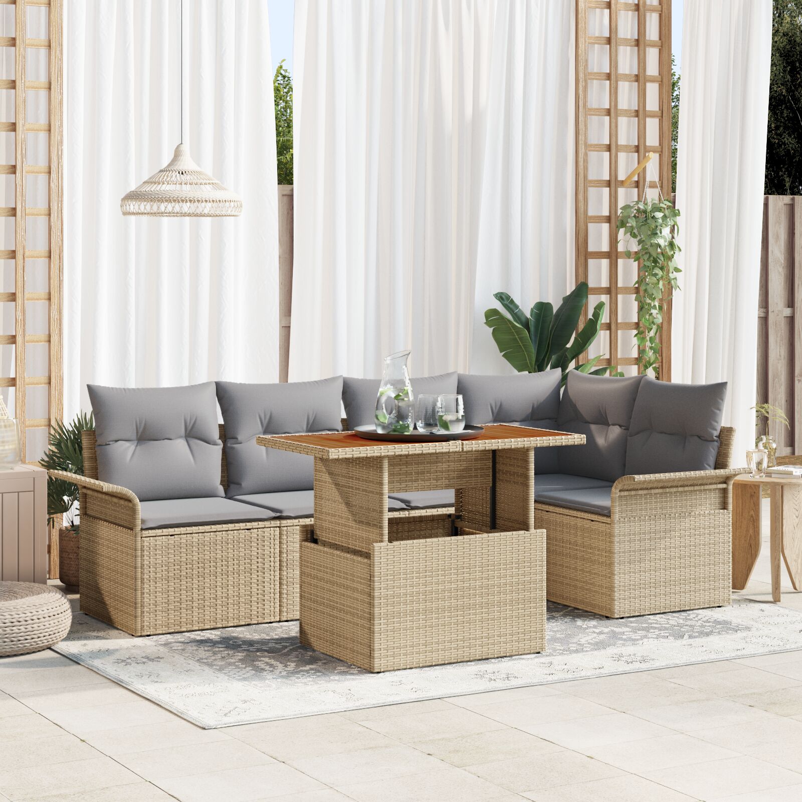 6-Piece Garden Dining Set with Beige Cushions Polyrattan Acacia V4493 Vetonek