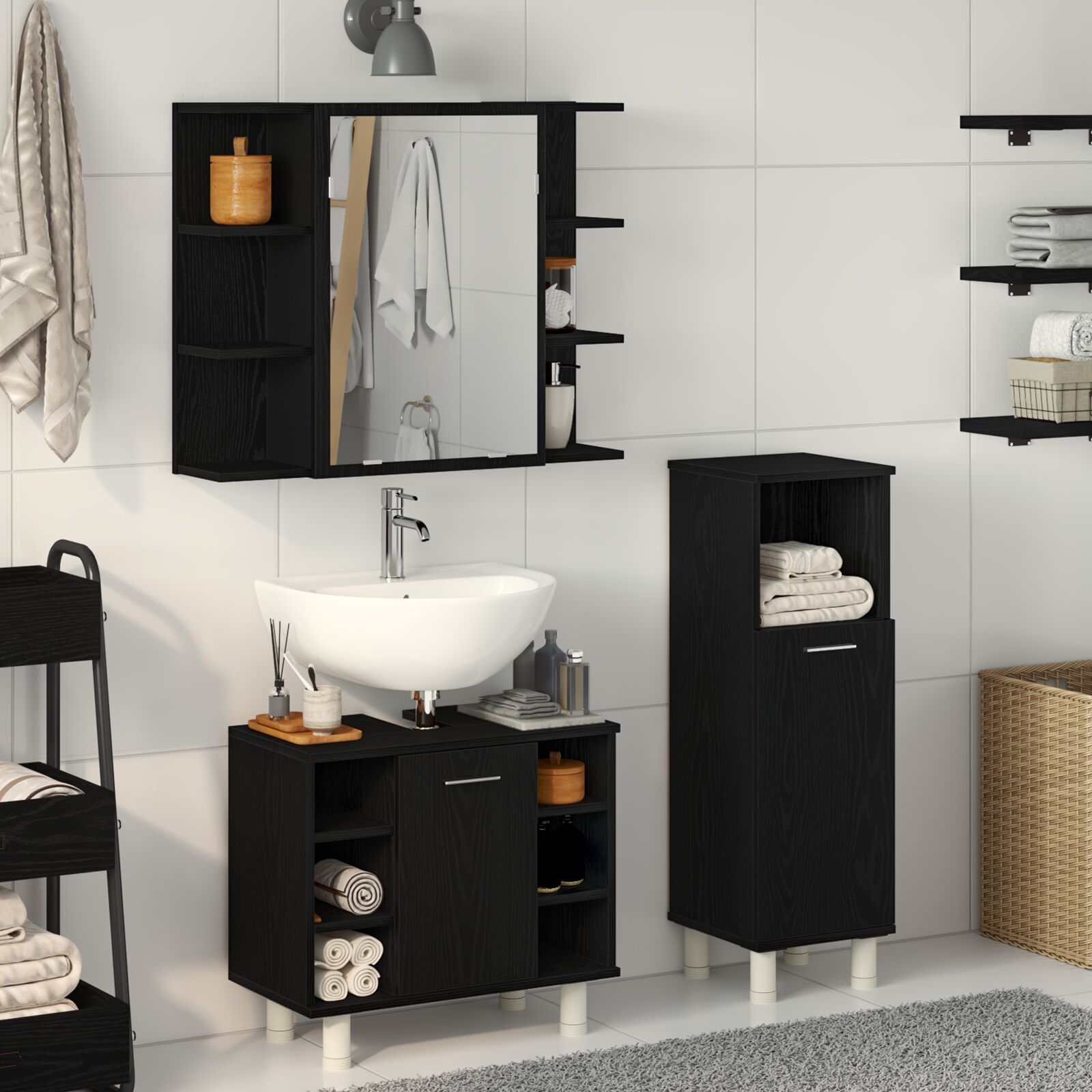 Juego de Muebles de Baño Conjunto de 3 Roble Negro V0356 Vetonek