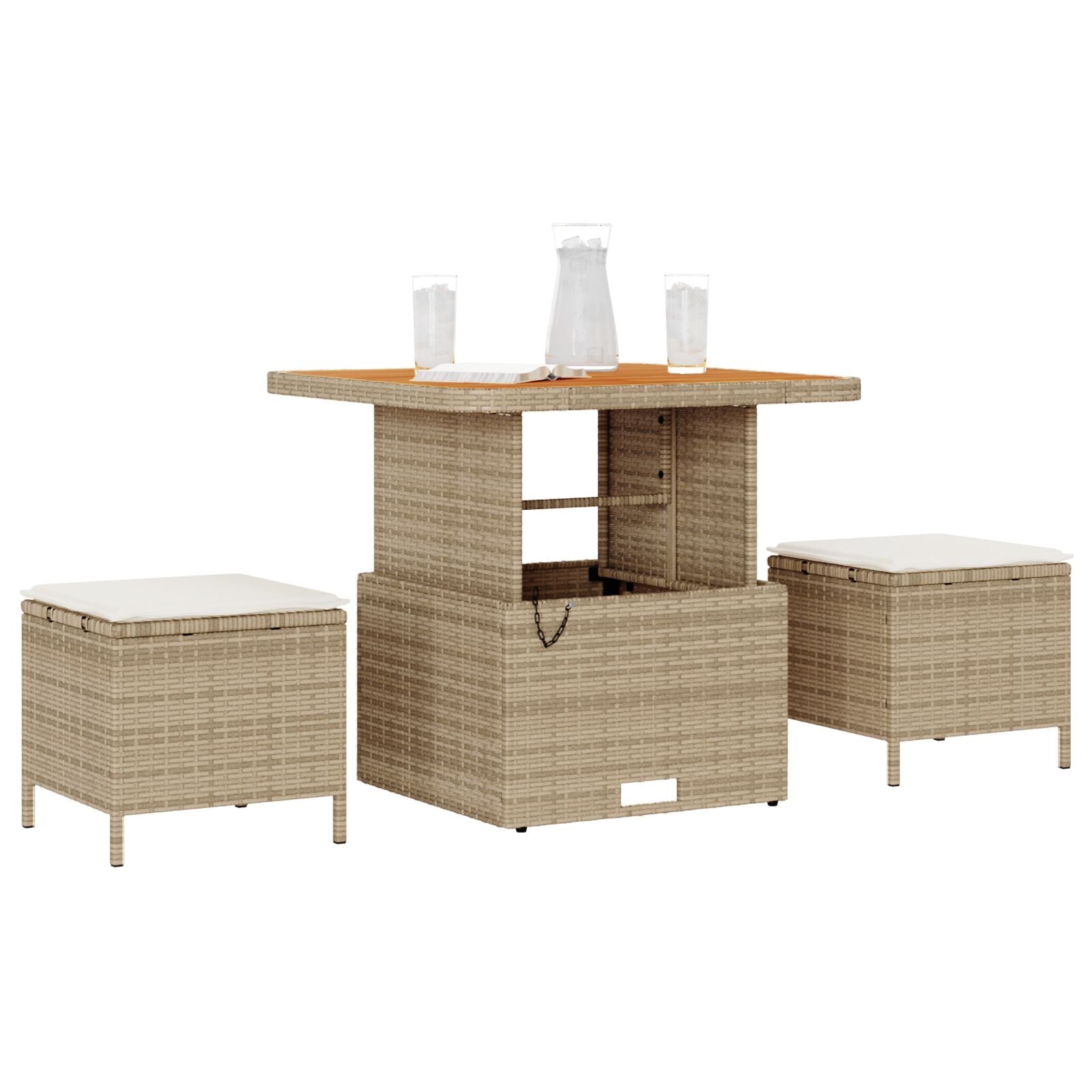 Conjunto de Comedor de Jardín de 3 Piezas con Cojines Beige de Ratán Poliéster y Acacia V0155 Vetonek