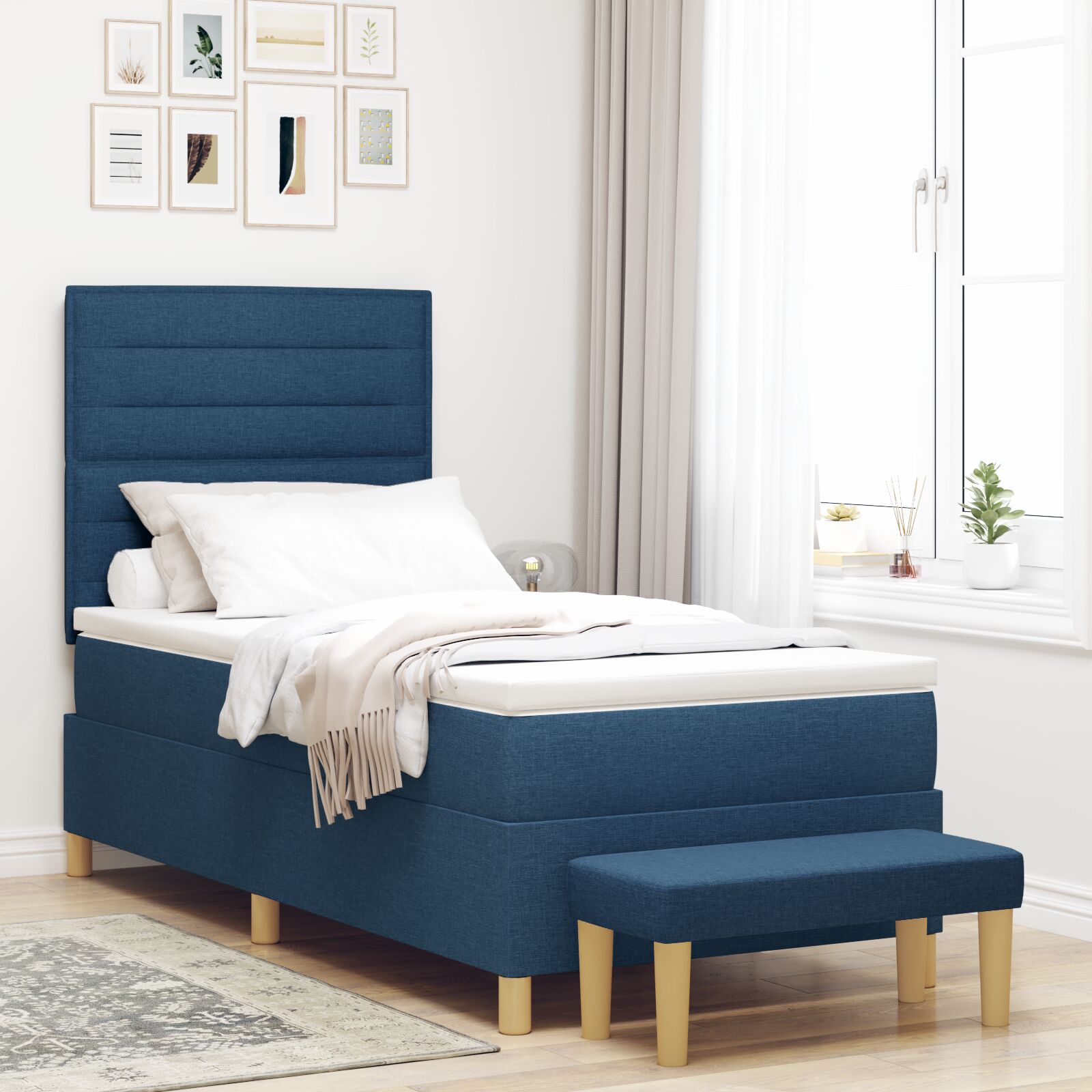 Bed frame with mattress Set of 2 Blue Fabric 90 x 190 cm V2370 Vetonek