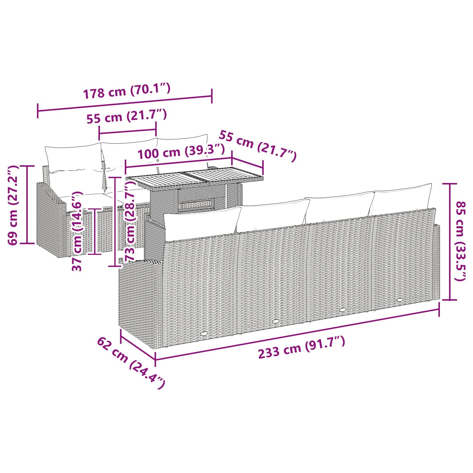 8 Piece Garden Dining Set with Acacia Black Poly Rattan Cushions V9092 Vetonek
