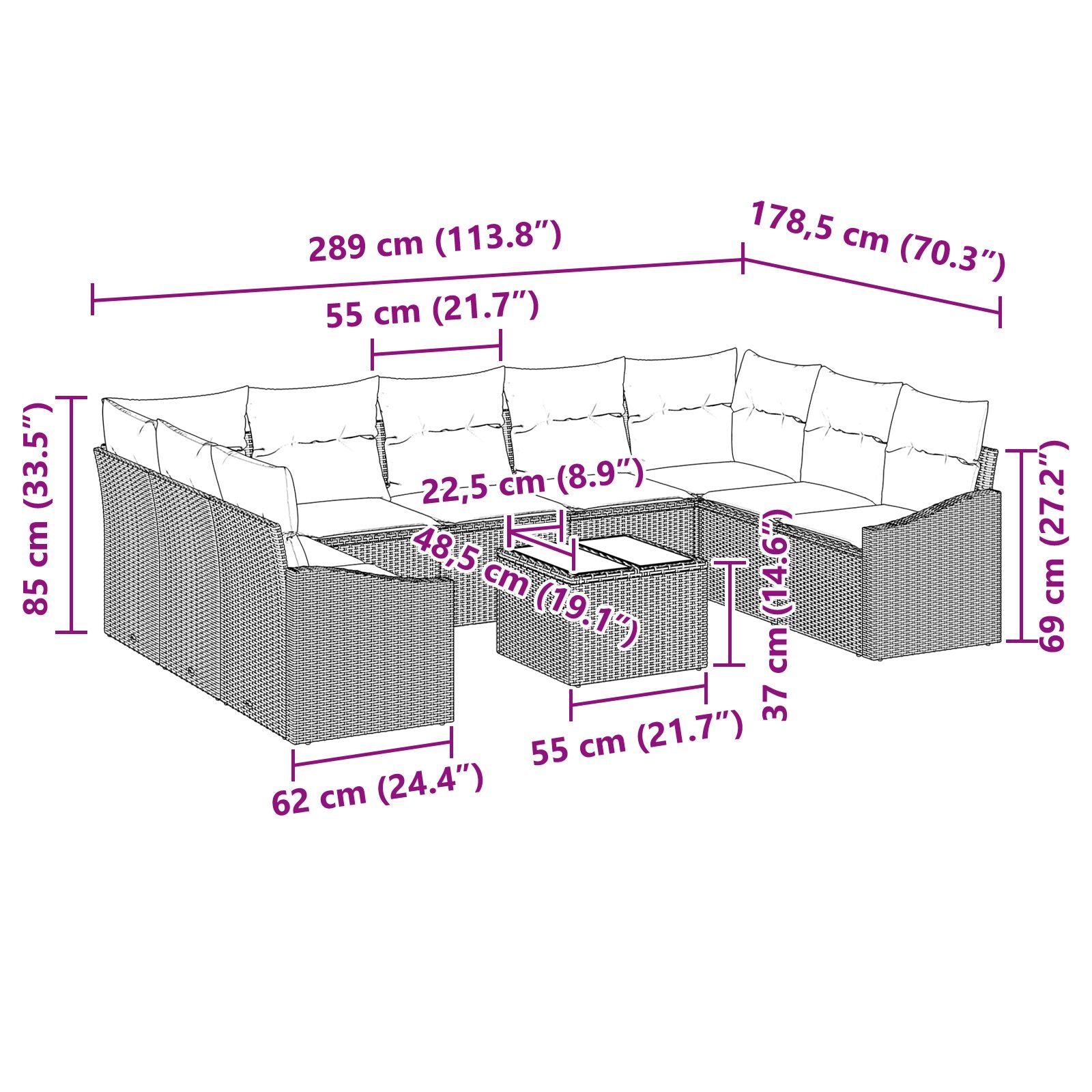 Conjunto de Sofás de Jardín de 10 Piezas con Cojines Gris Ratán Polietileno V4786 Vetonek