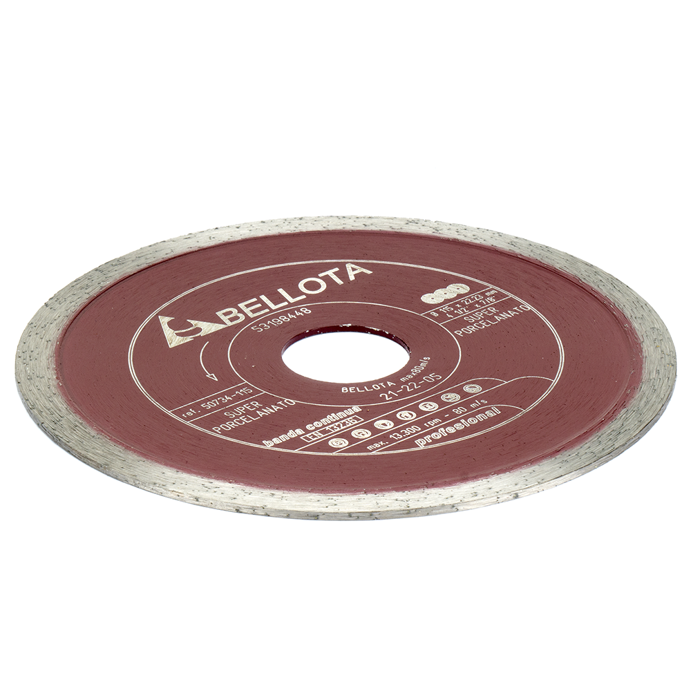 Disco de diamante de banda continua Bellota Pro 50734 para porcelánico, detalle de la banda continua
