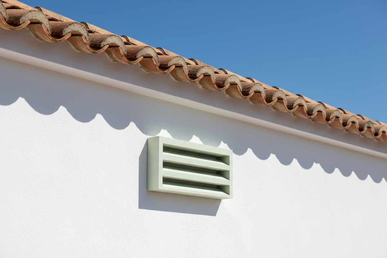 Persiana de ventilación de hormigón instalada en una fachada mediterránea con teja árabe y paredes encaladas - Vetonek