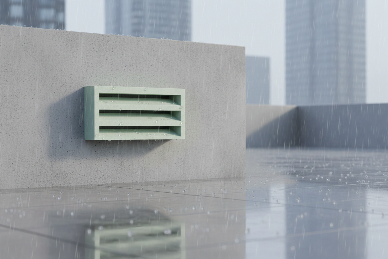 Persiana de ventilación de hormigón instalada en el muro de una terraza urbana bajo la lluvia - Vetonek