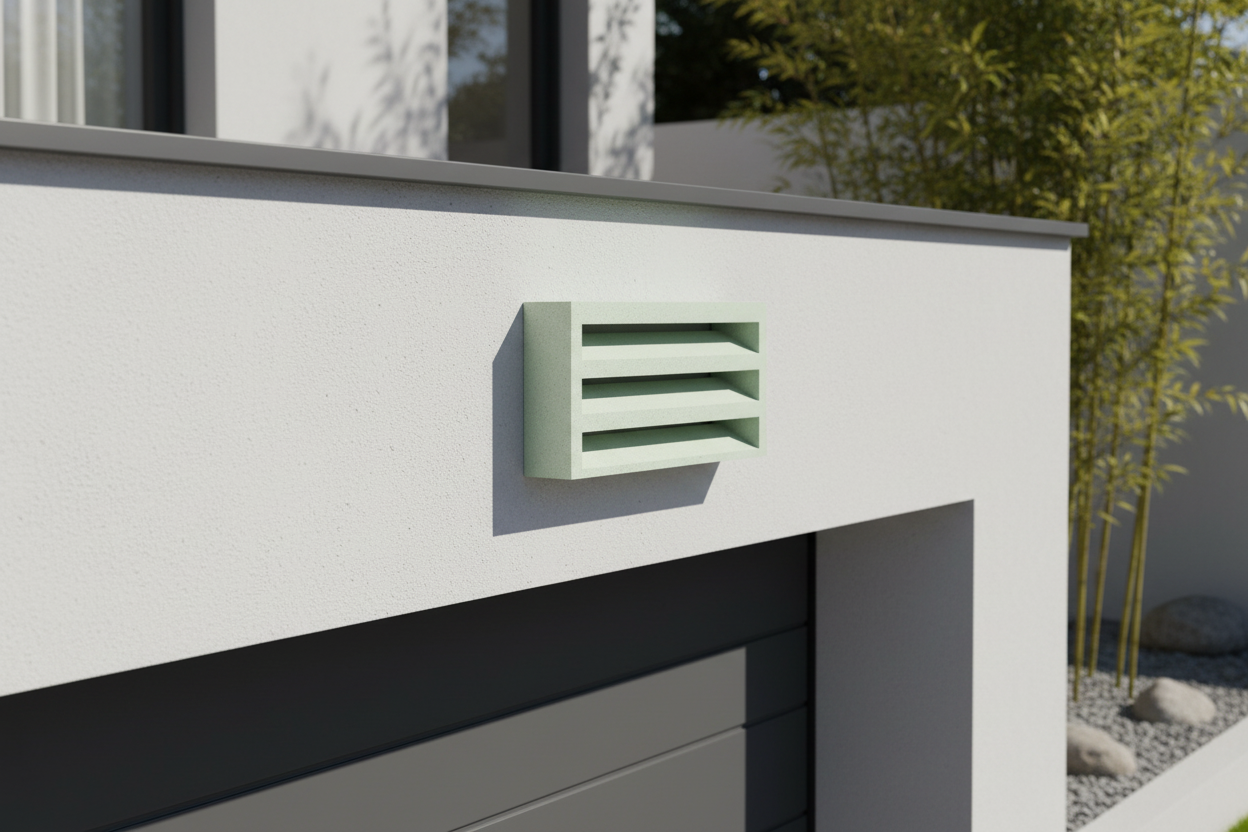 Persiana de ventilación de hormigón instalada en el muro exterior de un garaje residencial - Vetonek