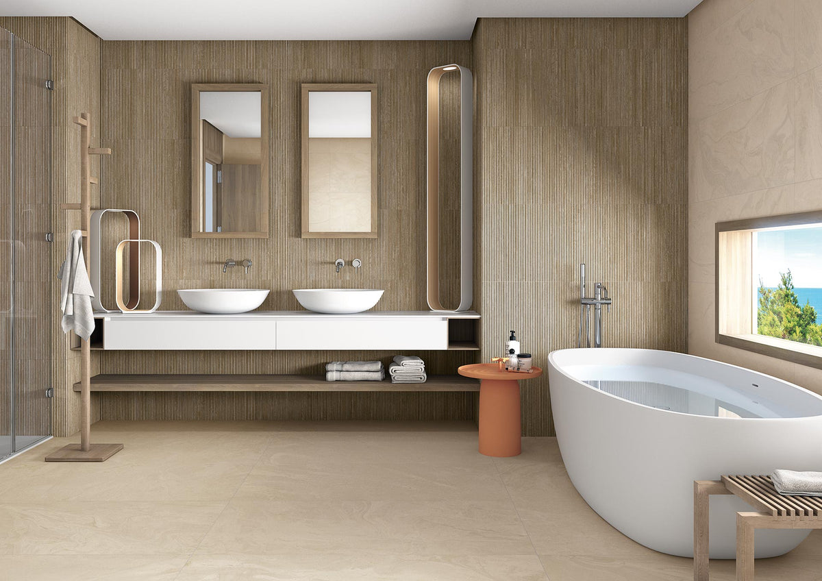 Ambiente baño con revestimiento efecto cemento Verona Beige - Vetonek
