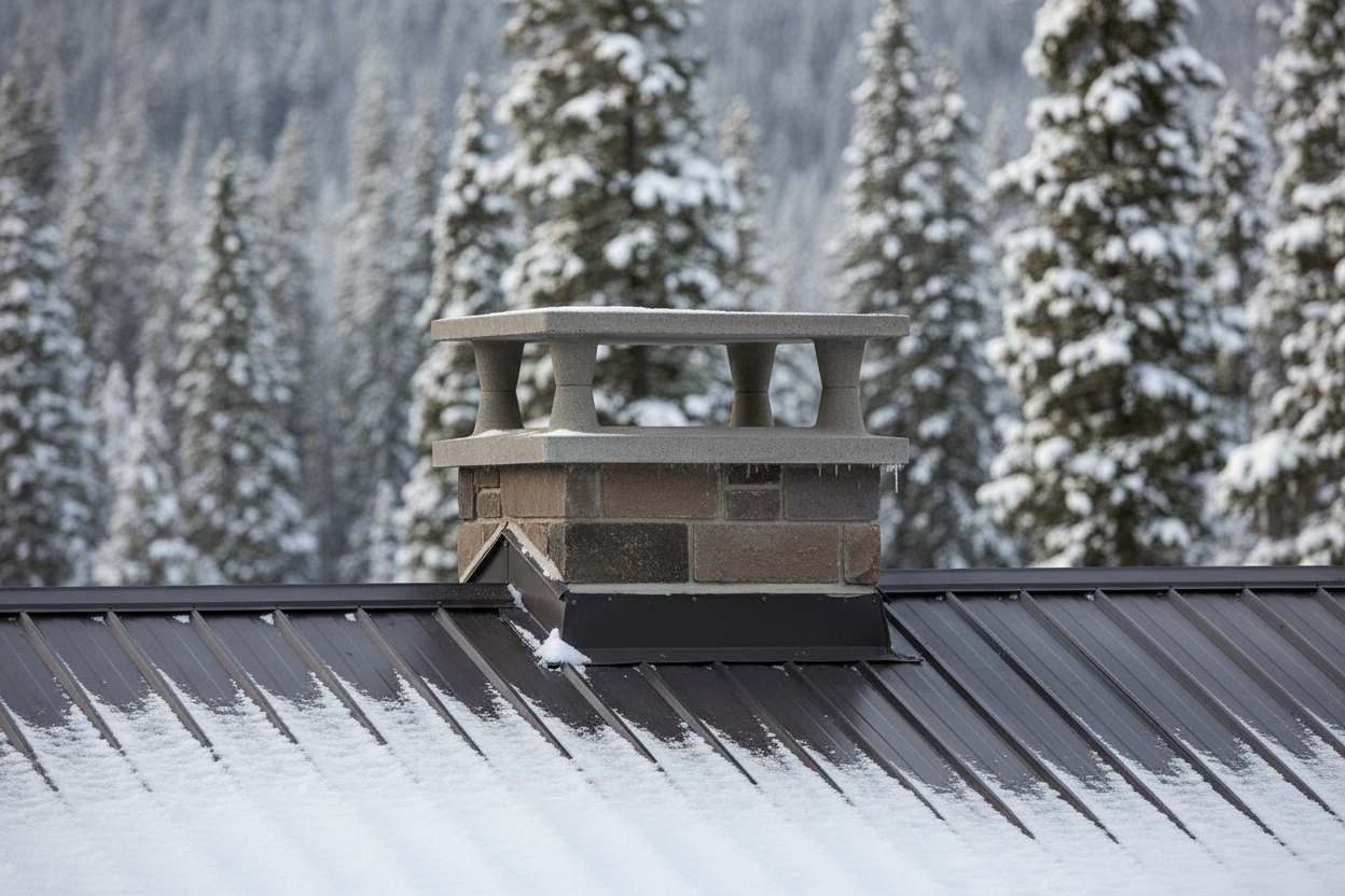 Sombrero de chimenea de hormigon color gris con patas y goterones instalado sobre la salida de humos del tejado metalico oscuro nevado de una cabana de montana, pinos nevados desenfocados al fondo, luz de invierno