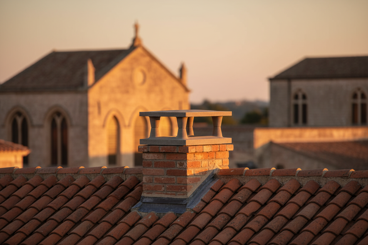 Sombrero de chimenea de hormigon color gris ciment con patas y goterones instalado sobre la salida de humos del tejado de teja plana de un edificio historico de casco antiguo, fachadas de piedra desenfocadas al fondo, luz calida de atardecer