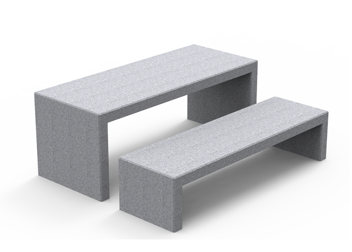 Mesa de hormigón gris granítico en entorno urbano, mostrando robustez y estilo moderno en áreas exteriores.