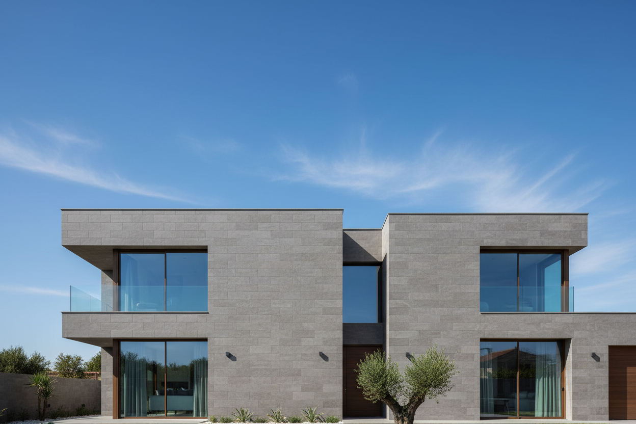 Fachada de vivienda mediterránea revestida con Aplacado Urbión de hormigón - Vetonek