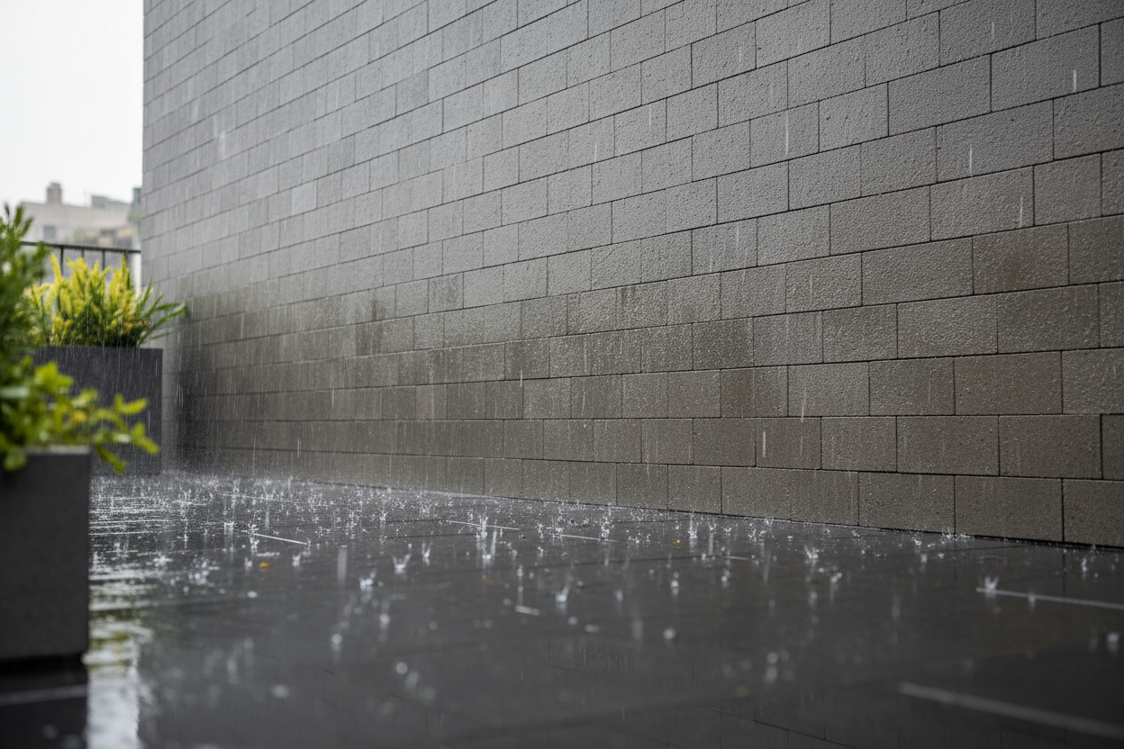 Muro de terraza urbana revestido con Aplacado Urbión de hormigón impermeable bajo lluvia - Vetonek