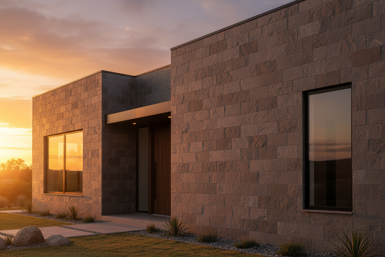 Fachada de vivienda unifamiliar moderna revestida con Aplacado Dordogne al atardecer